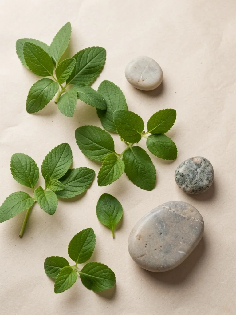 Botanical leaves and minerals on parchment
