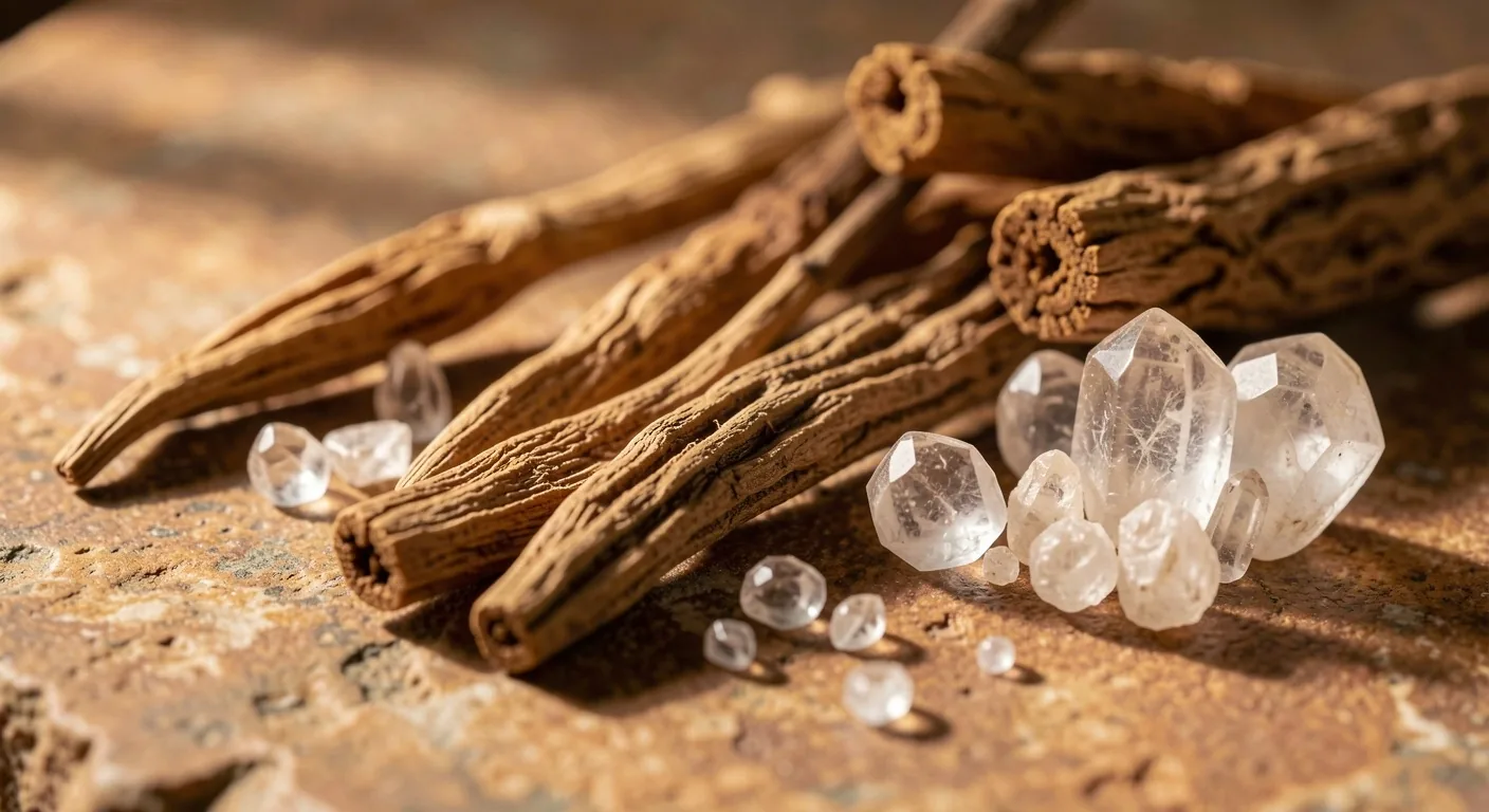Botanical roots and mineral crystals on stone