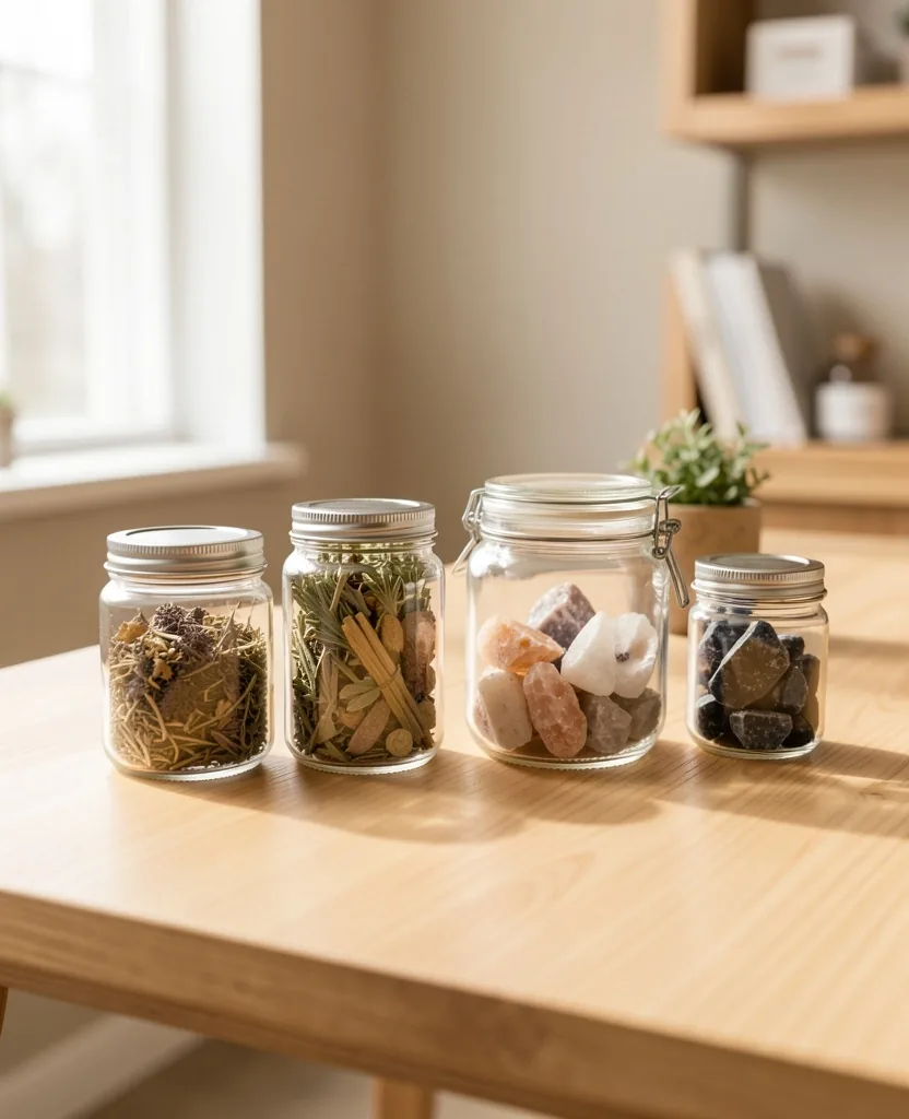 Wellness office desk with herb jars