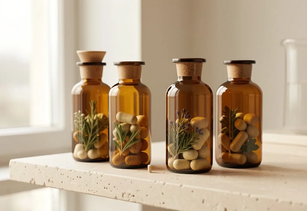 Apothecary bottles with botanical capsules on stone shelf
