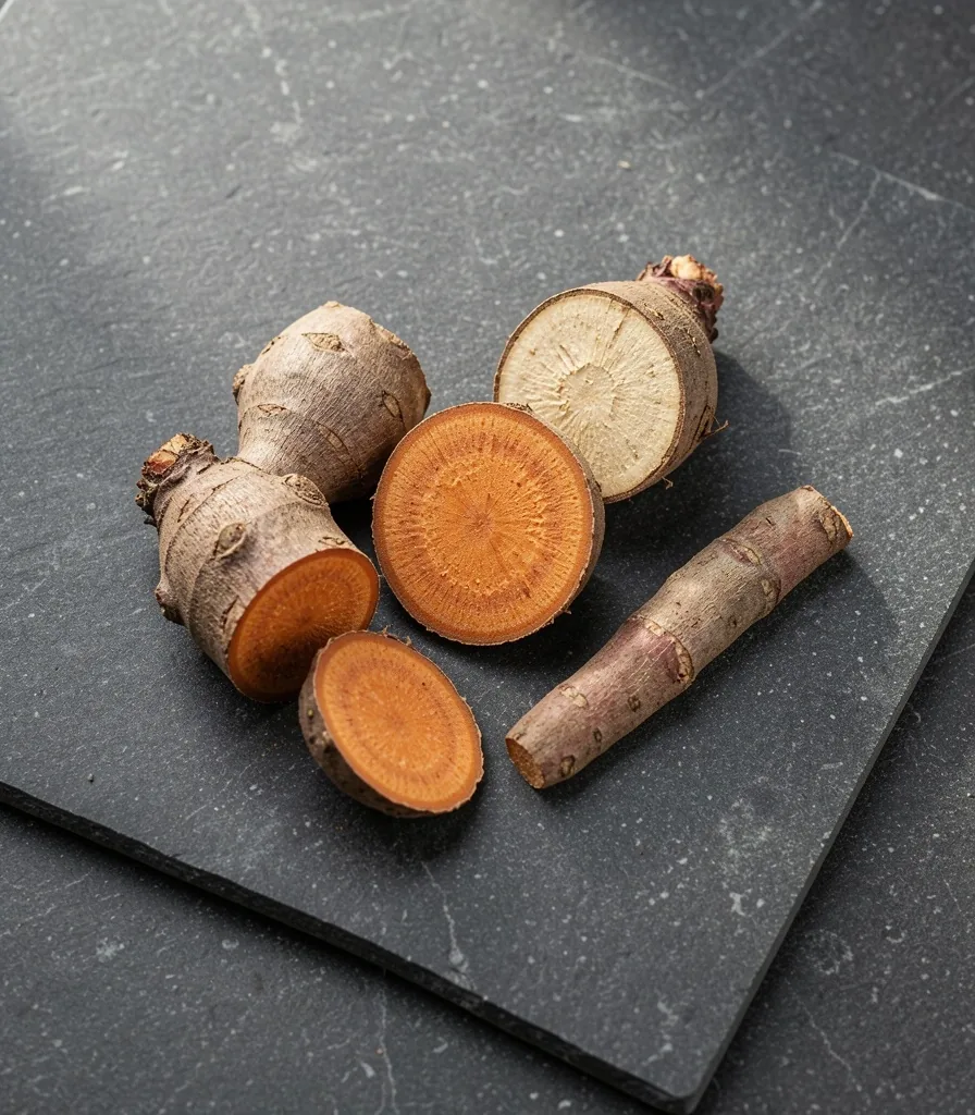 Botanical root specimens on stone surface