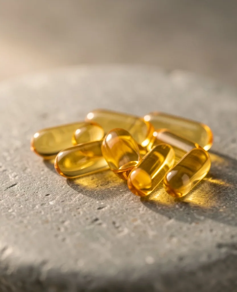 Vitamin D3 capsules on stone