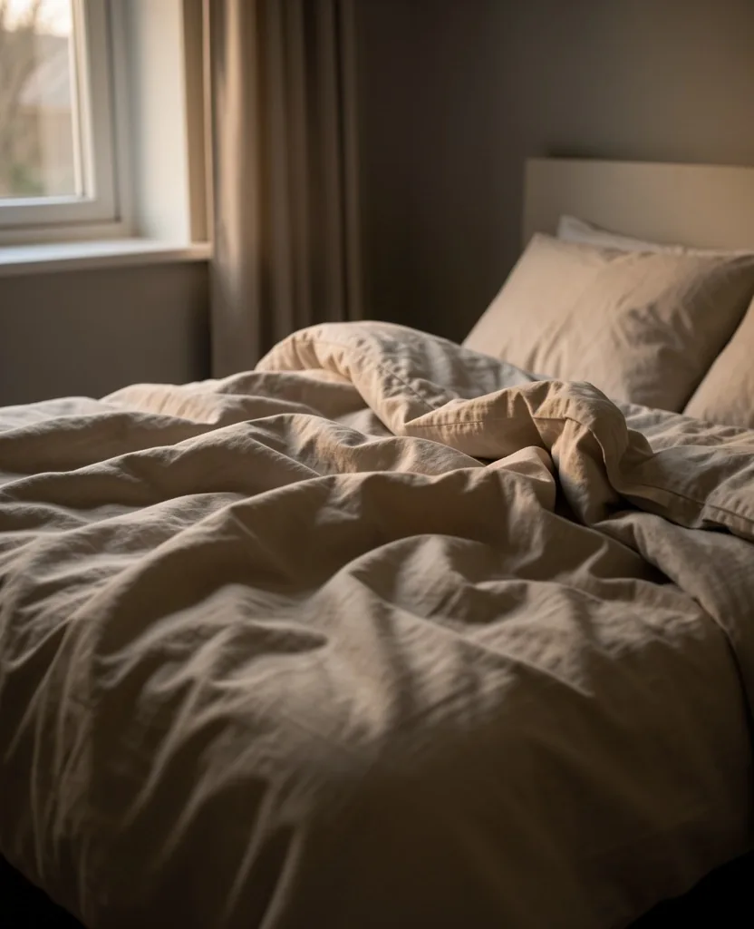 A bed with linen sheets in soft morning light