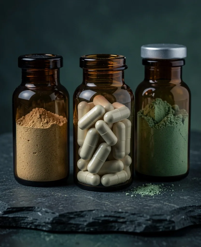 Apothecary bottles containing natural capsules on a stone surface