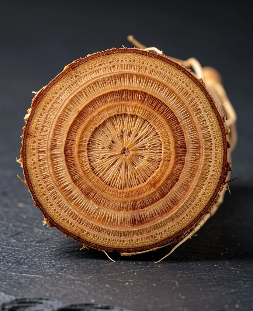 Macro cross-section of a ginseng root showing dense fiber structure