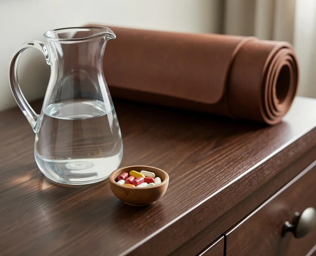 Healthy lifestyle setup with water and supplements