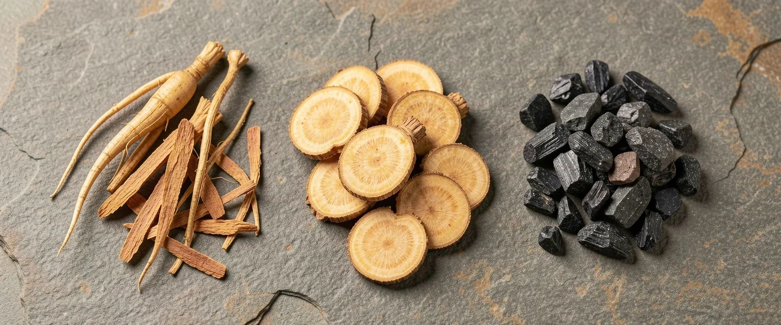 Arrangement of natural supplement ingredients including roots and mineral elements on a stone surface