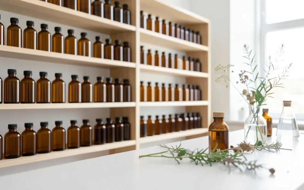 Laboratory shelf with amber glass supplement bottles in a natural wellness setting