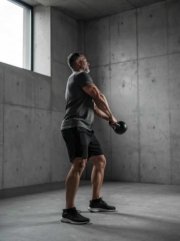 A man performing kettlebell training in a minimalist gym environment