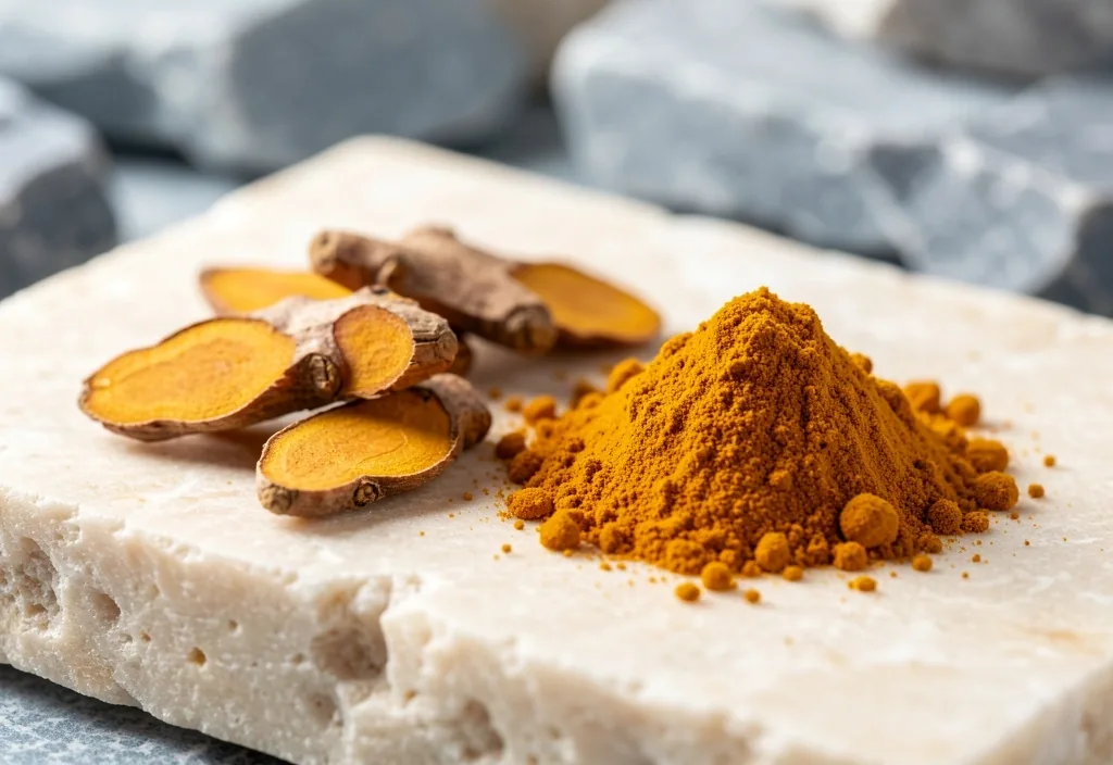 Dried turmeric root and ground powder on a pale stone surface