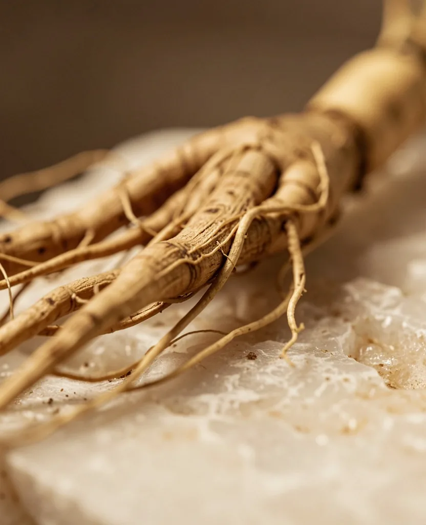 Ginseng root photographed in macro detail on a stone surface
