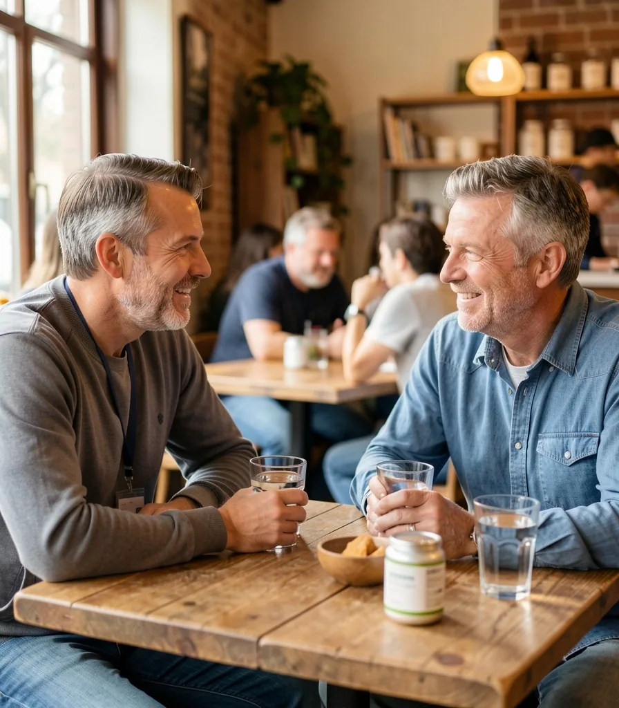 Two men in conversation at a wooden cafe table in natural light