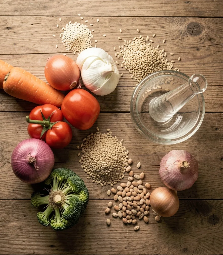 Whole-food meal preparation with vegetables and grains on a wooden surface
